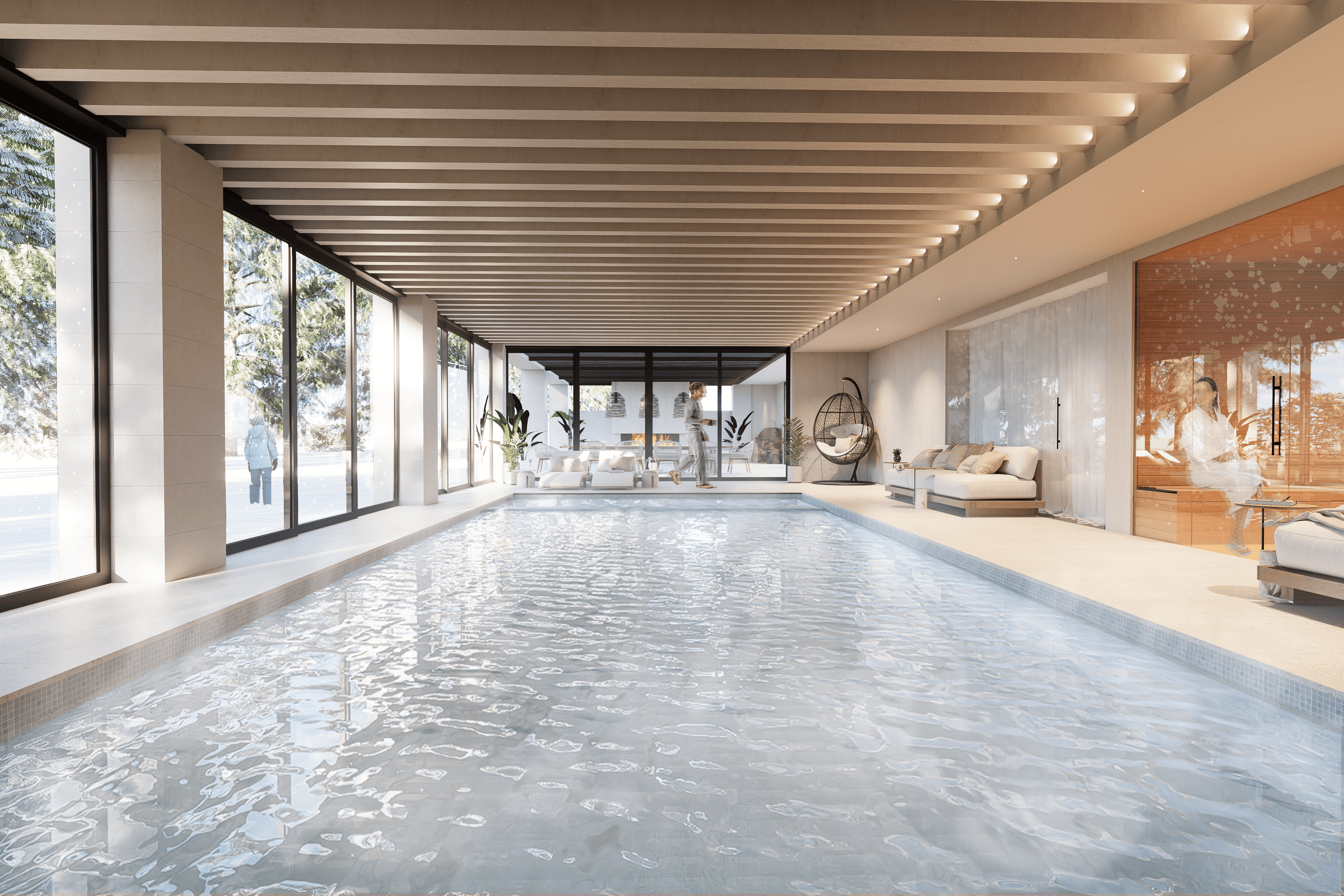 Render image of a pool with large windows to a backyard.