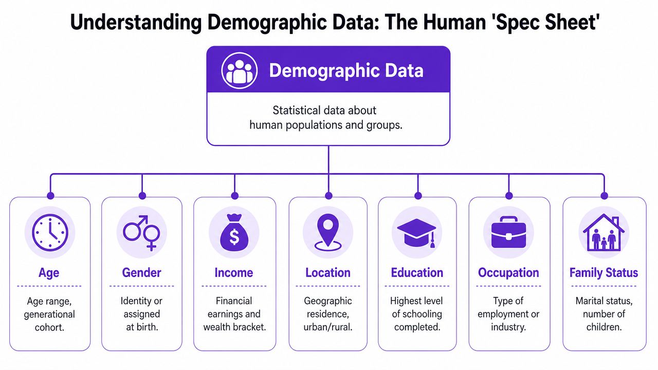 An infographic titled Understanding Demographic Data explaining key categories like age, gender, income, location, education, and occupation.
