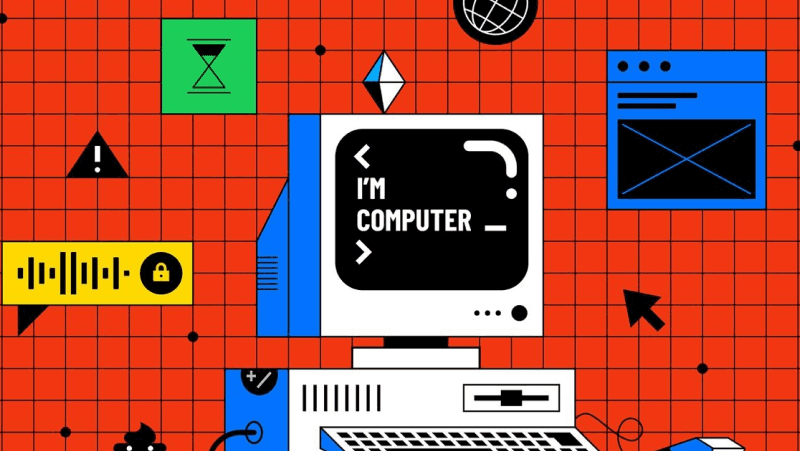 一幅3D色彩繽紛的數位藝術作品，展示了一個創意工作空間，裡面有網站模擬圖和漂浮的界面元素，象徵著香港現代網頁設計和開發。