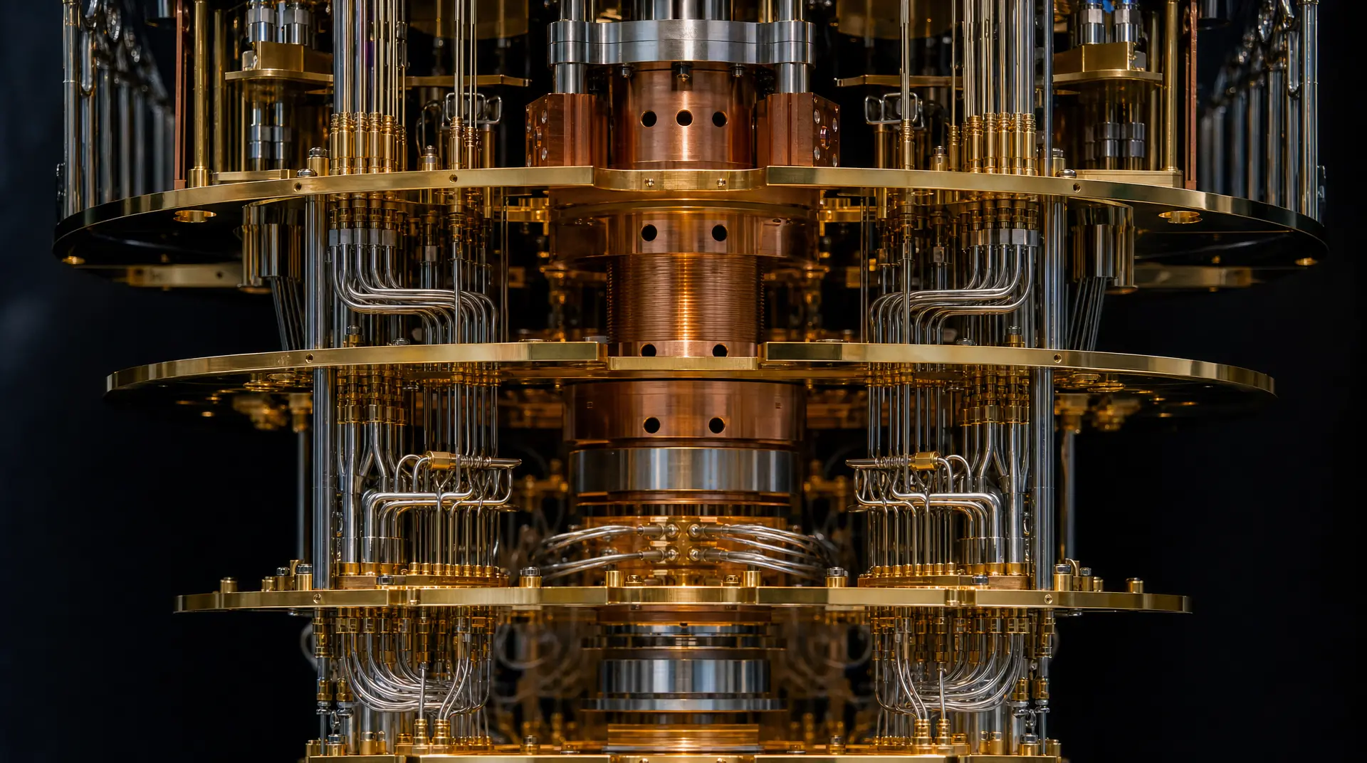 Polished metal semiconductor marketing machinery with copper coils and dense pipework, lit in warm highlights.