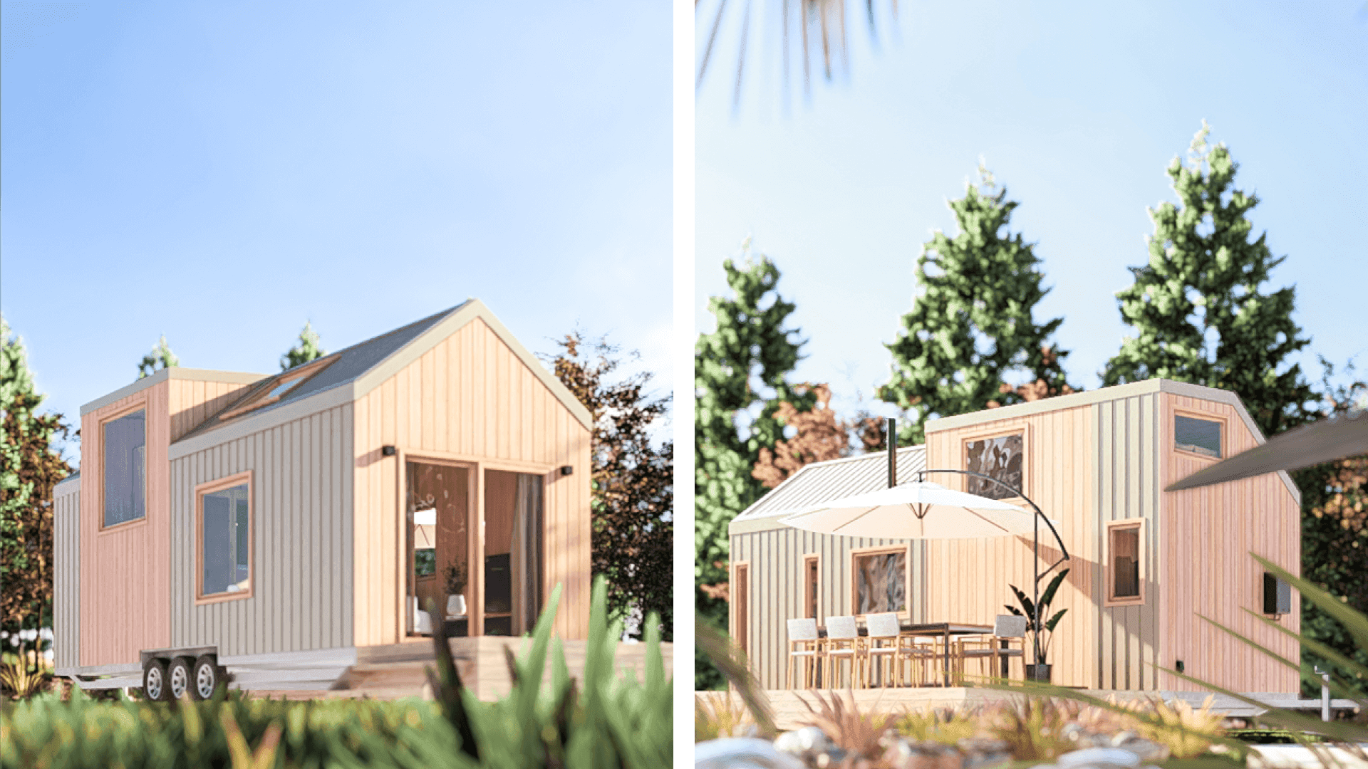 Green Tiny House with loft, features a gable shaped exterior, with green metal cladding and timber accents