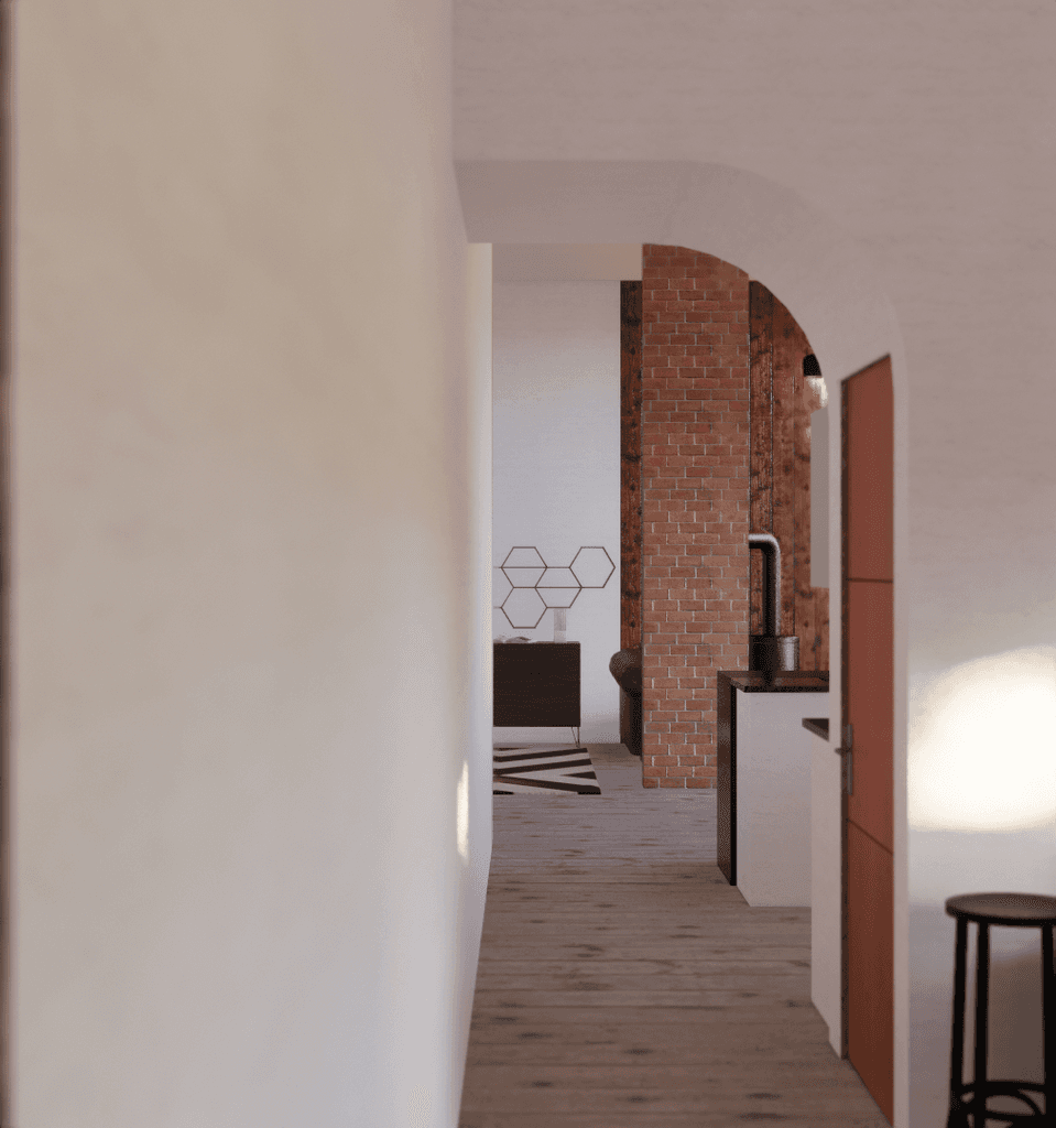 Interior render of a hallway leading into the living room