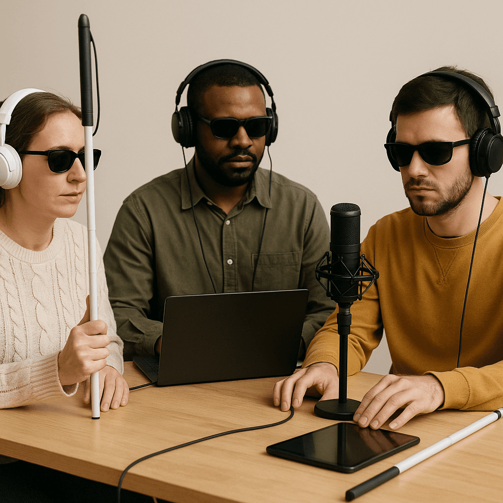 Drei blinde Menschen sitzen an einem Tisch und nehmen an einem Hörspiel-Workshop teil. Alle tragen Kopfhörer und arbeiten konzentriert mit Hilfsmitteln wie einem Laptop, einem Tablet und einem Mikrofon. Eine Frau hält einen weißen Blindenstock, ein Mann tippt auf einem Laptop, ein anderer bedient das Mikrofon. Die Atmosphäre ist ruhig und fokussiert.