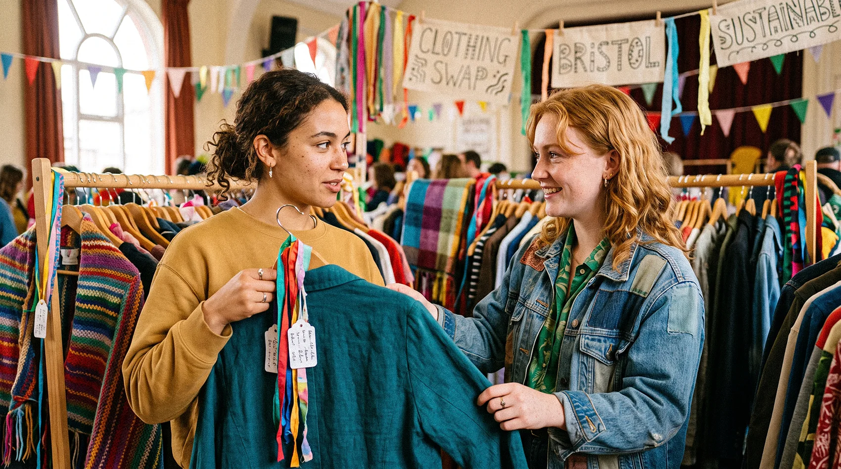 Two Gen Z women discussing clothing swap at Bristol sustainable fashion event - circular economy Gen Z loyalty