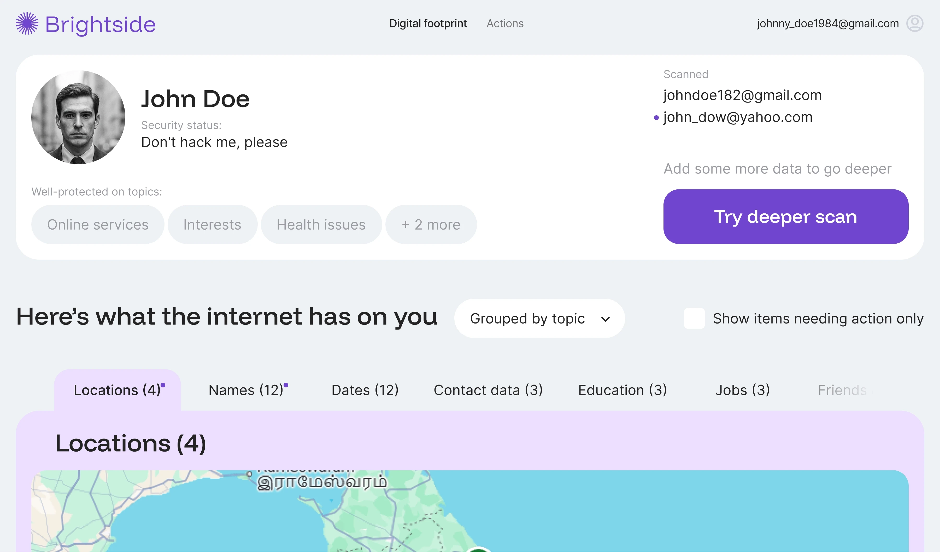 Brightside AI dashboard displaying medium vulnerability score of 47 with phishing simulation metrics