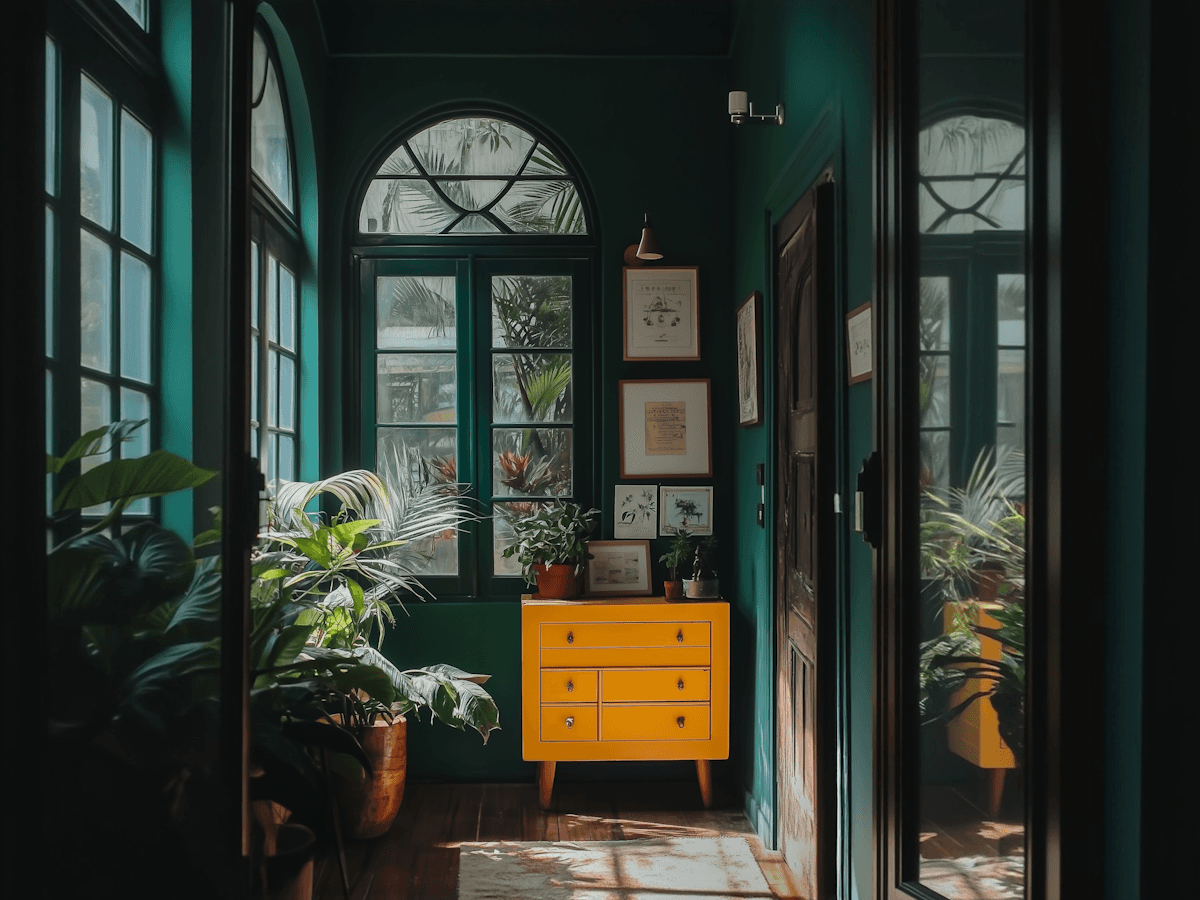 Green room with potted plants and modern side drawers