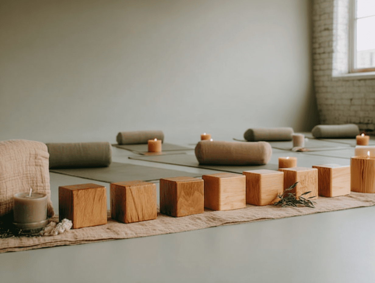 Yoga studio with neatly arranged mats, bolsters, wooden blocks, and lit candles on a soft cloth, set in a calm, sunlit room with minimal decor