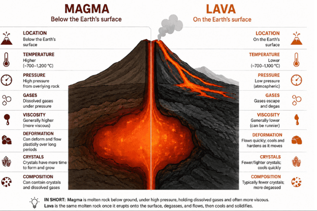 Split cross-section of a volcano comparing magma below the Earth’s surface with lava flowing above ground. The diagram contrasts their location, temperature, pressure, gases, viscosity, movement, crystals, and composition.