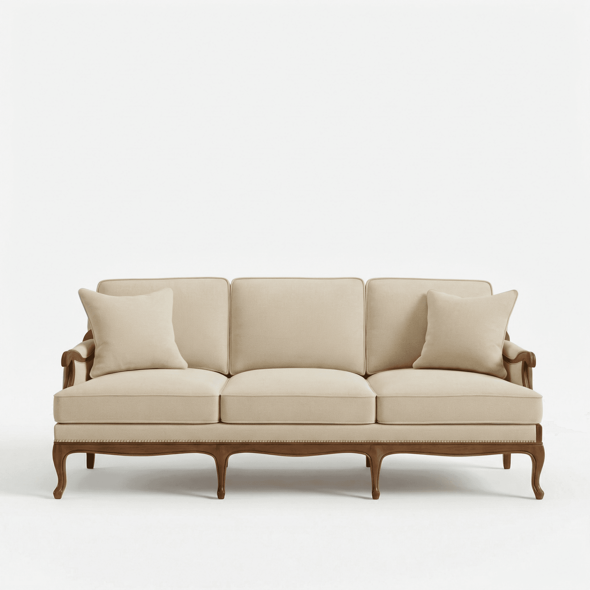 A light‑toned three‑seater with soft arches, slim legs, and a calm, balanced presence.