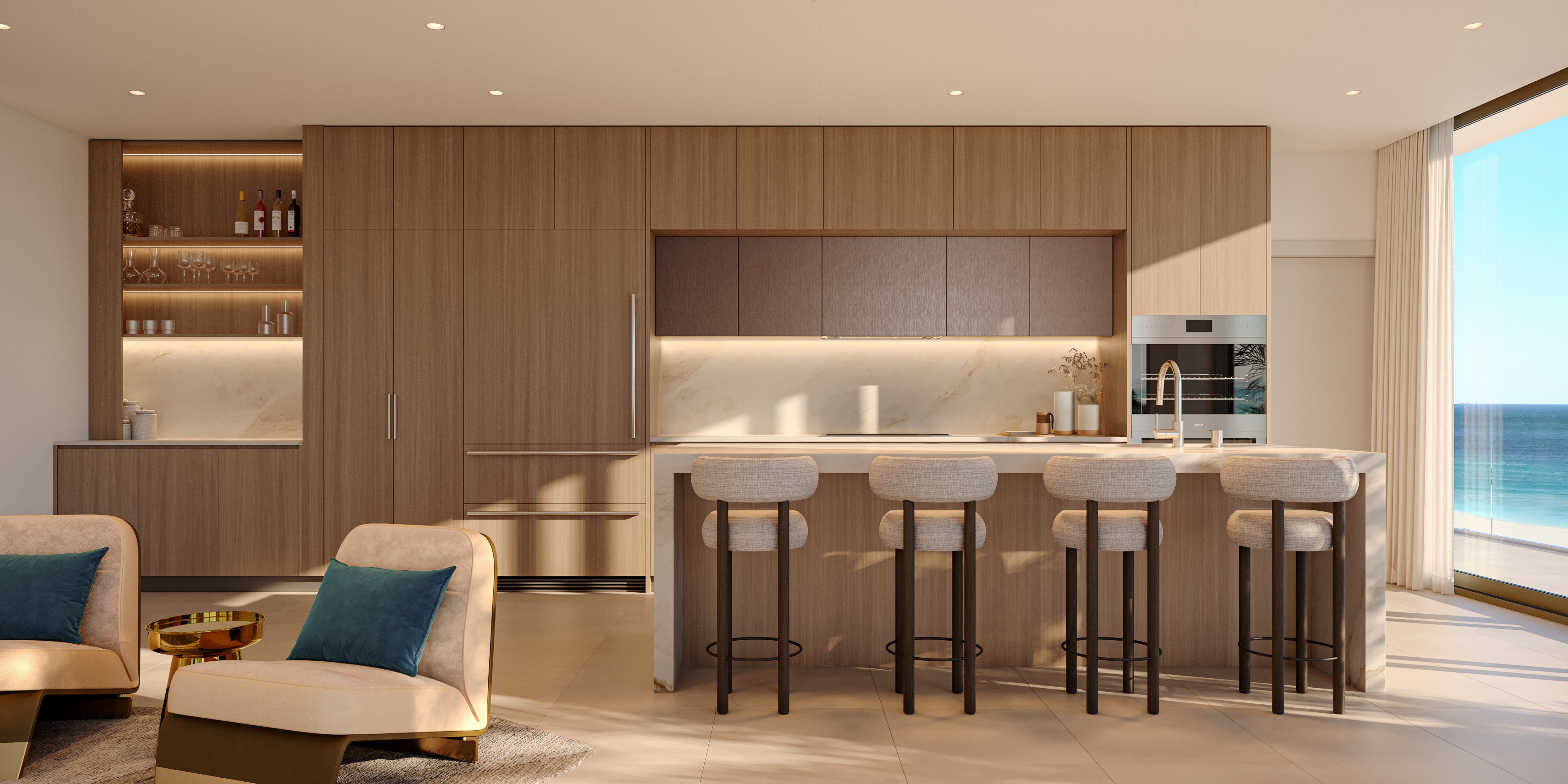 Condo for sale Hollywood FL: Designer kitchen with porcelain waterfall island, Italian cabinetry and Sub-Zero appliances.