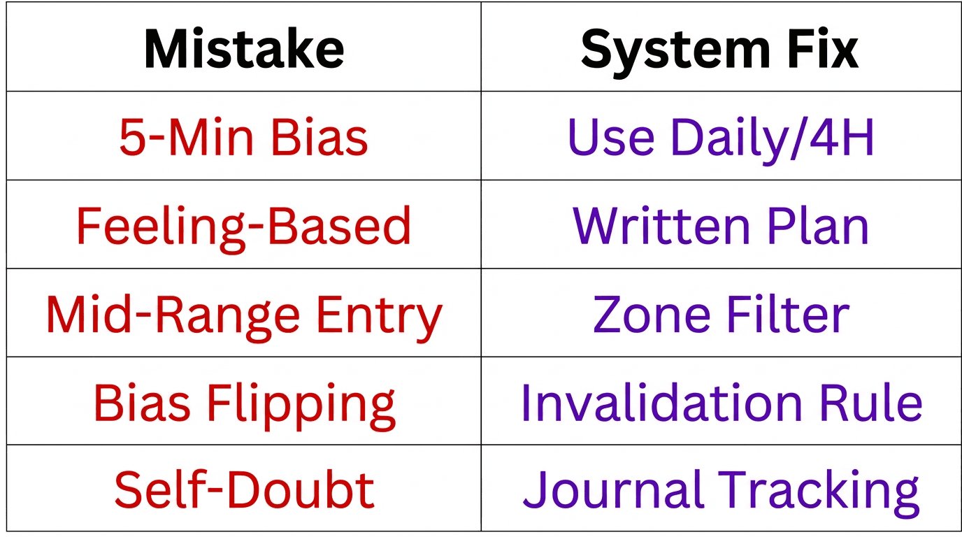 Five trading mistakes mapped to their system-based fixes showing wrong timeframe to HTF bias, feelings to written plan, mid-range to zone filter, bias flipping to invalidation rule, and distrust to journal tracking