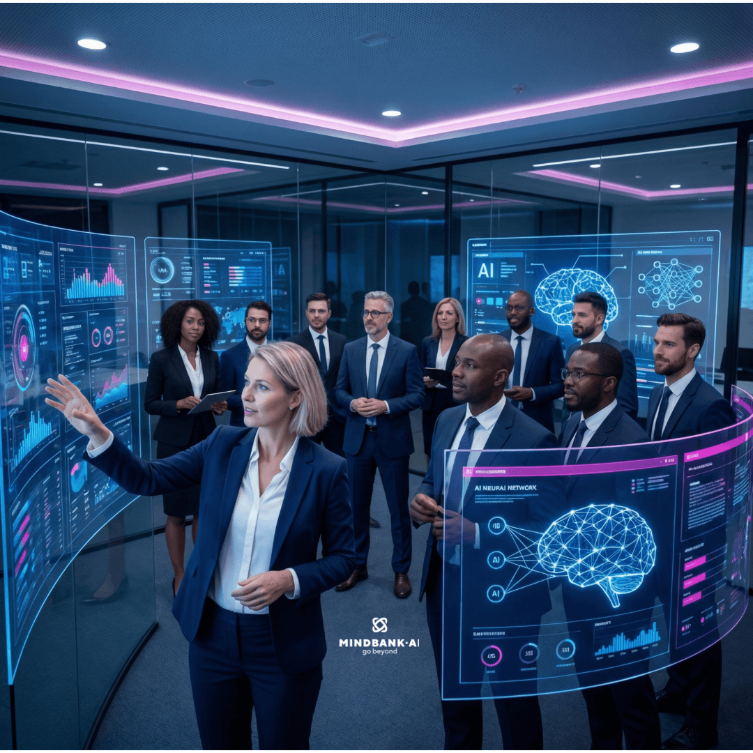 Business professionals using AI tools and data analytics dashboards to support strategic decision-making and digital transformation