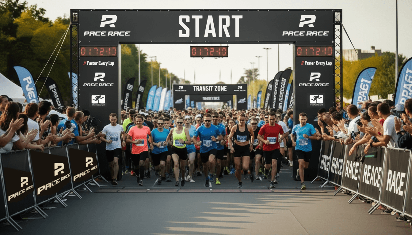 Läuferinnen und Läufer beim Pace Race Laufevent an der Startlinie zu ihren 1.000m Intervallläufen