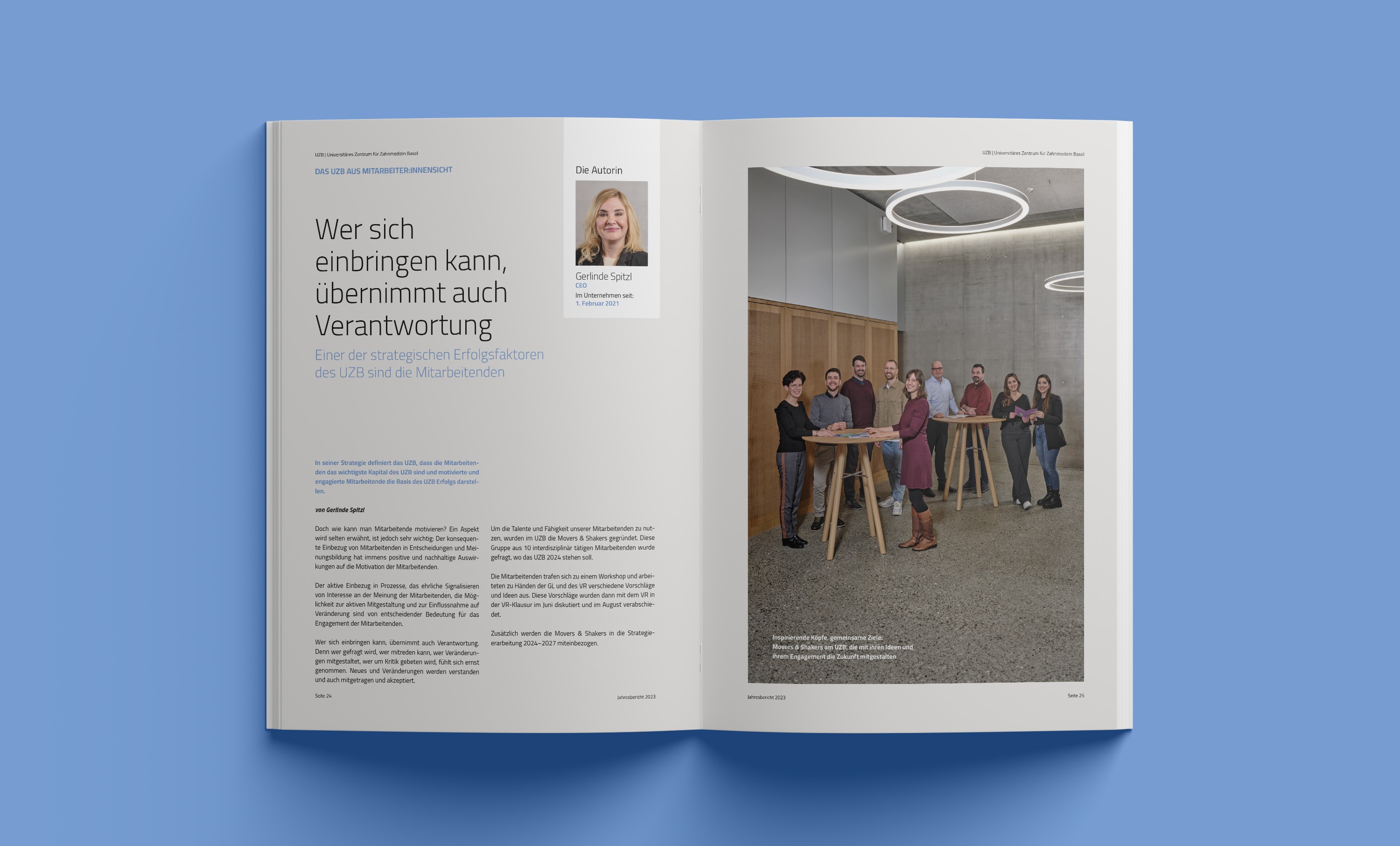 Layoutgestaltung des UZB Jahresberichts 2023 – präzise Rasterstruktur und klare Hierarchie im Editorial Design