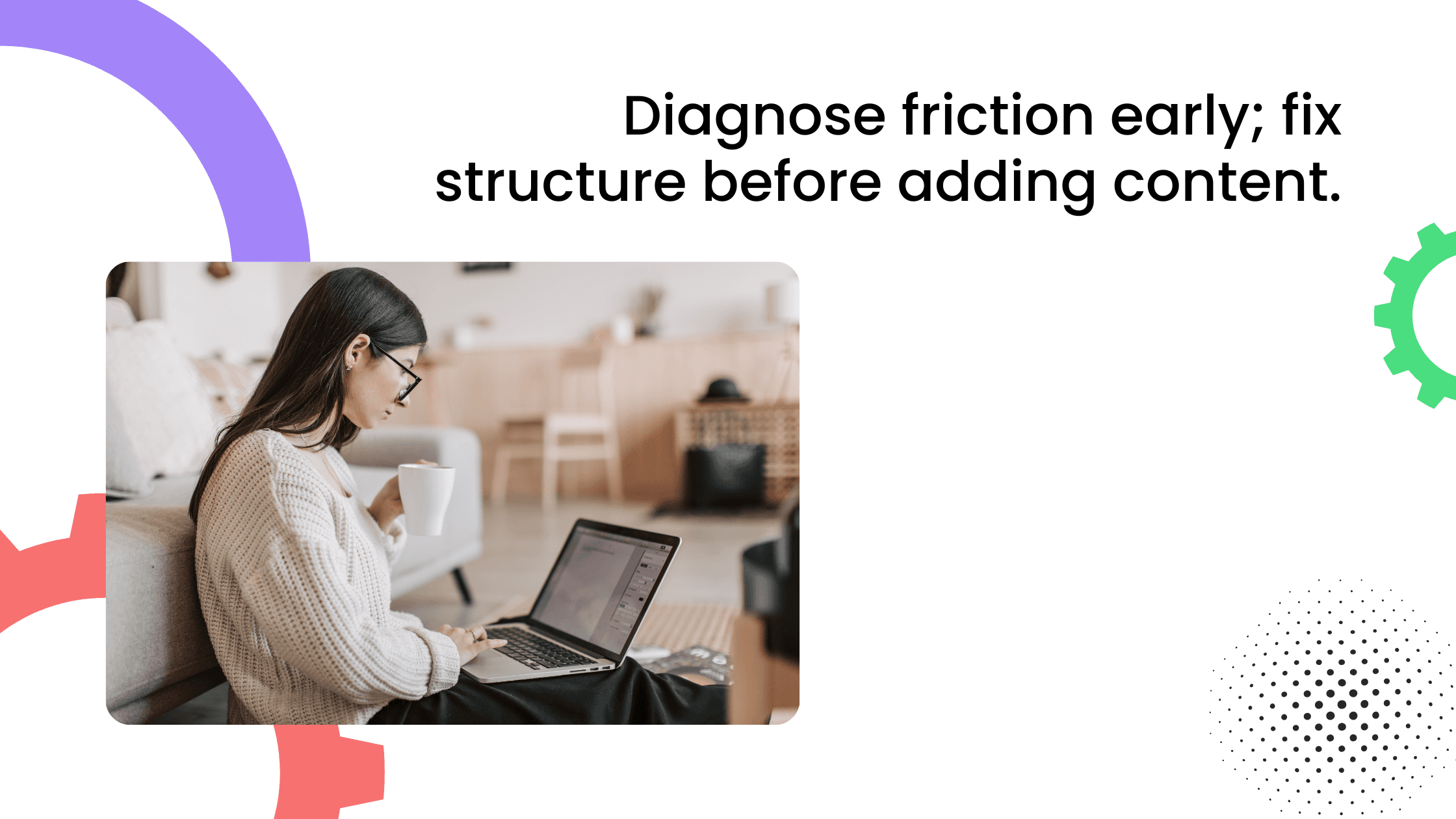 Coach reviewing laptop; diagnose community friction early and fix structure before adding more coaching content.