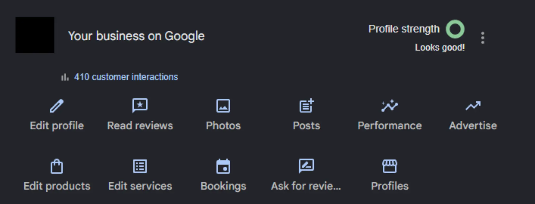 Google Business Profile dashboard showing customer interactions