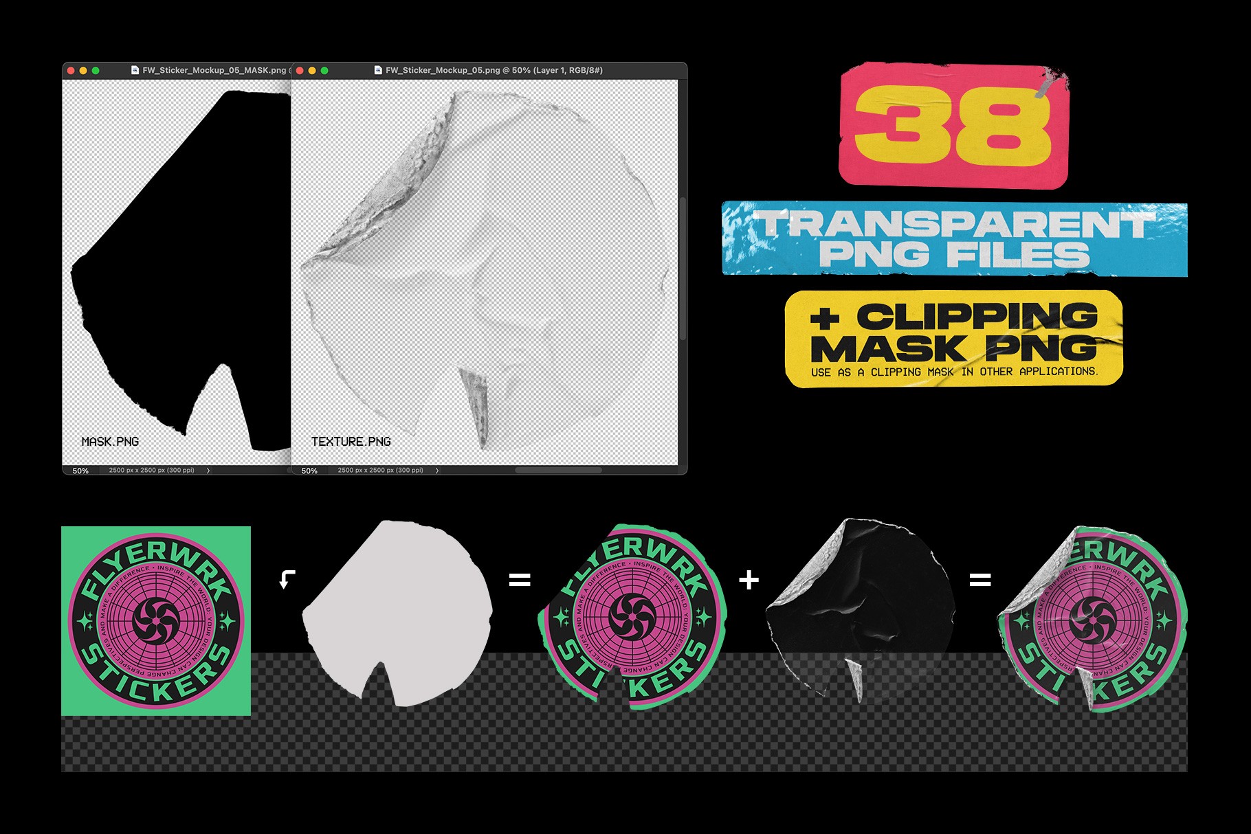 Demonstration of transparent PNG files and clipping masks for creating realistic custom sticker mockups