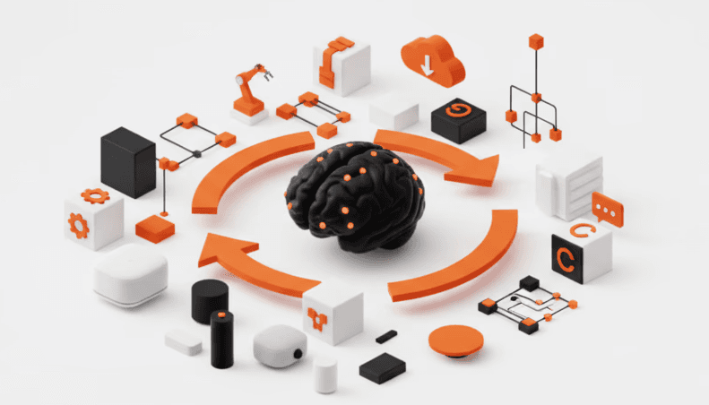 Close-up of a modern mechanical keyboard with a grey control knob and an orange accent key.