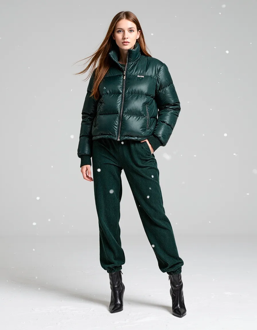 Professional fashion photography of dark green puffer jacket with matching corduroy pants against light gray background with snow effect