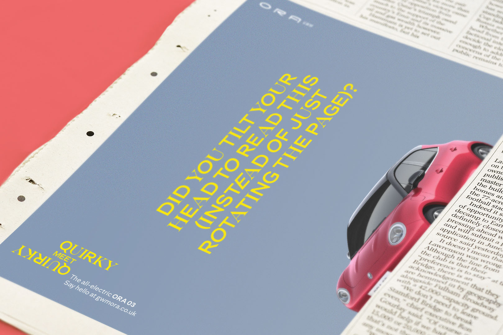 A newspaper ad with a blue background uses bold design: a pink car and yellow, sideways copy ask, Did you tilt your head to read this instead of just rotating the page?—offering playful insights on how we process ads.