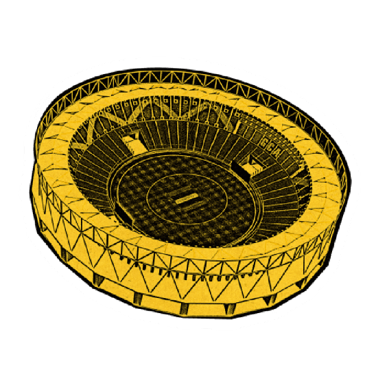 A detailed top-down sketch of the Narendra Modi (Motera) cricket stadium in yellow.