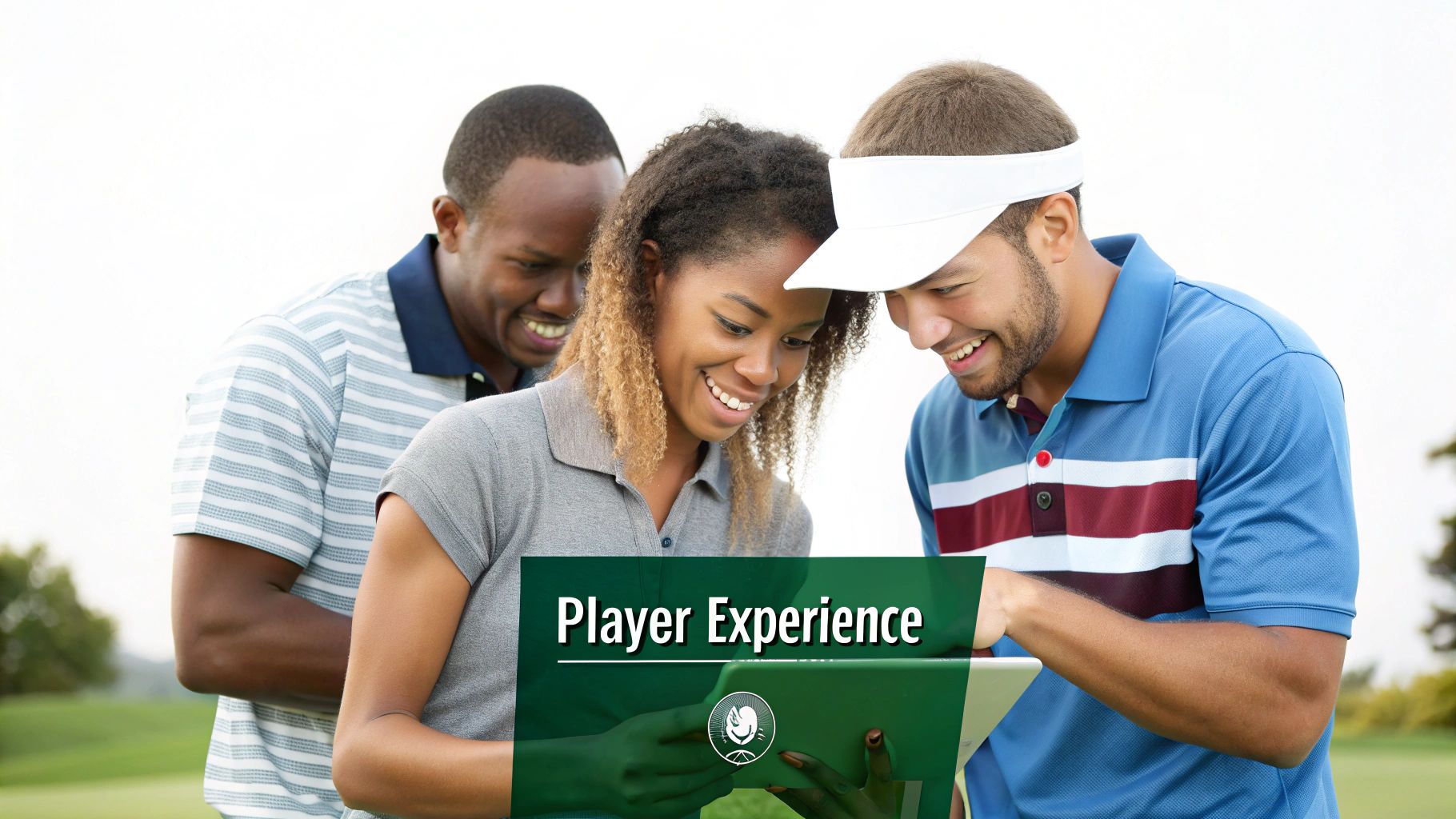 Diverse golfers smiling and engaged while looking at a tablet on a golf course.