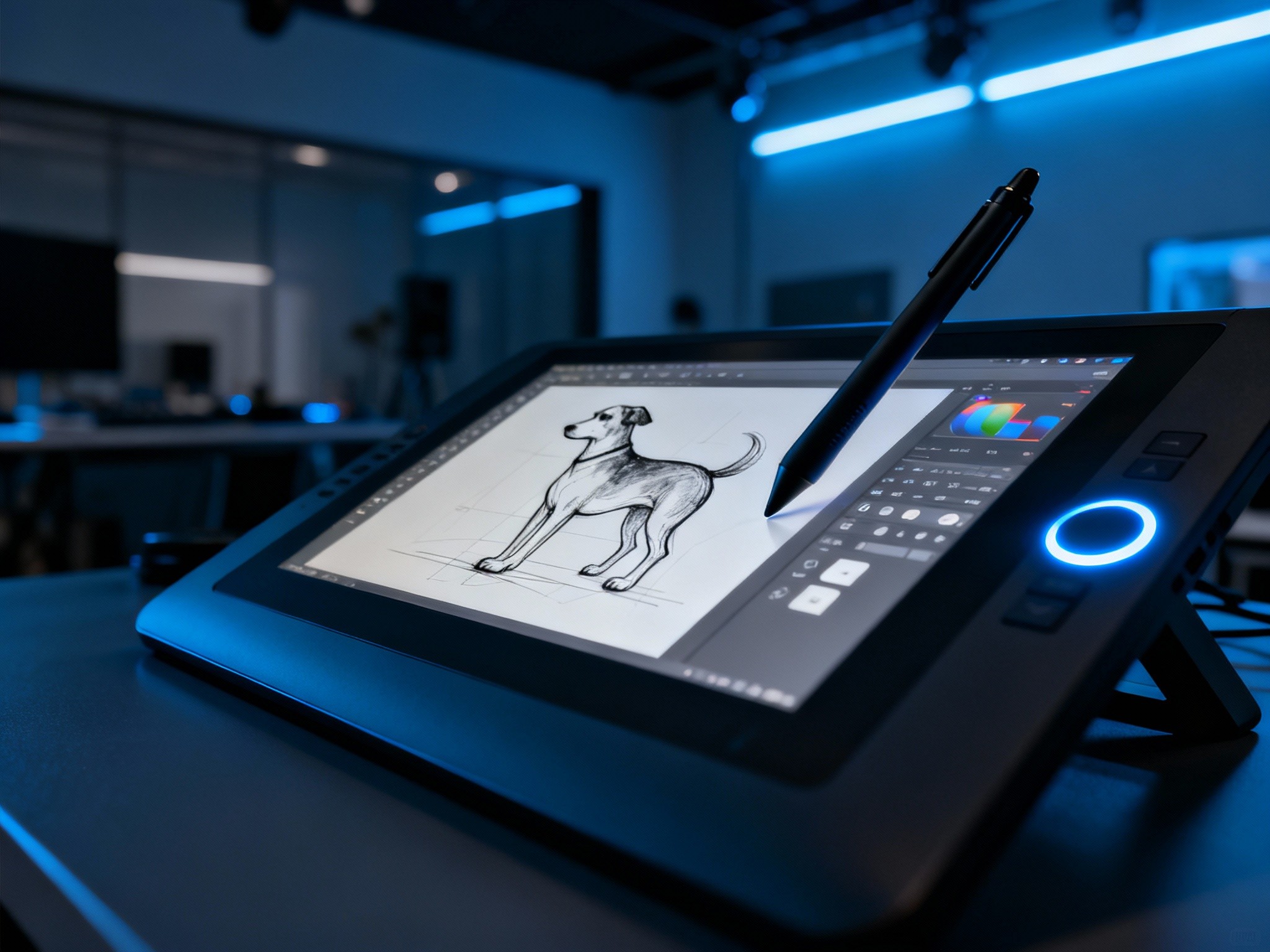 A cinematic landscape shot of a digital artist's screen displaying a step-by-step vector drawing of