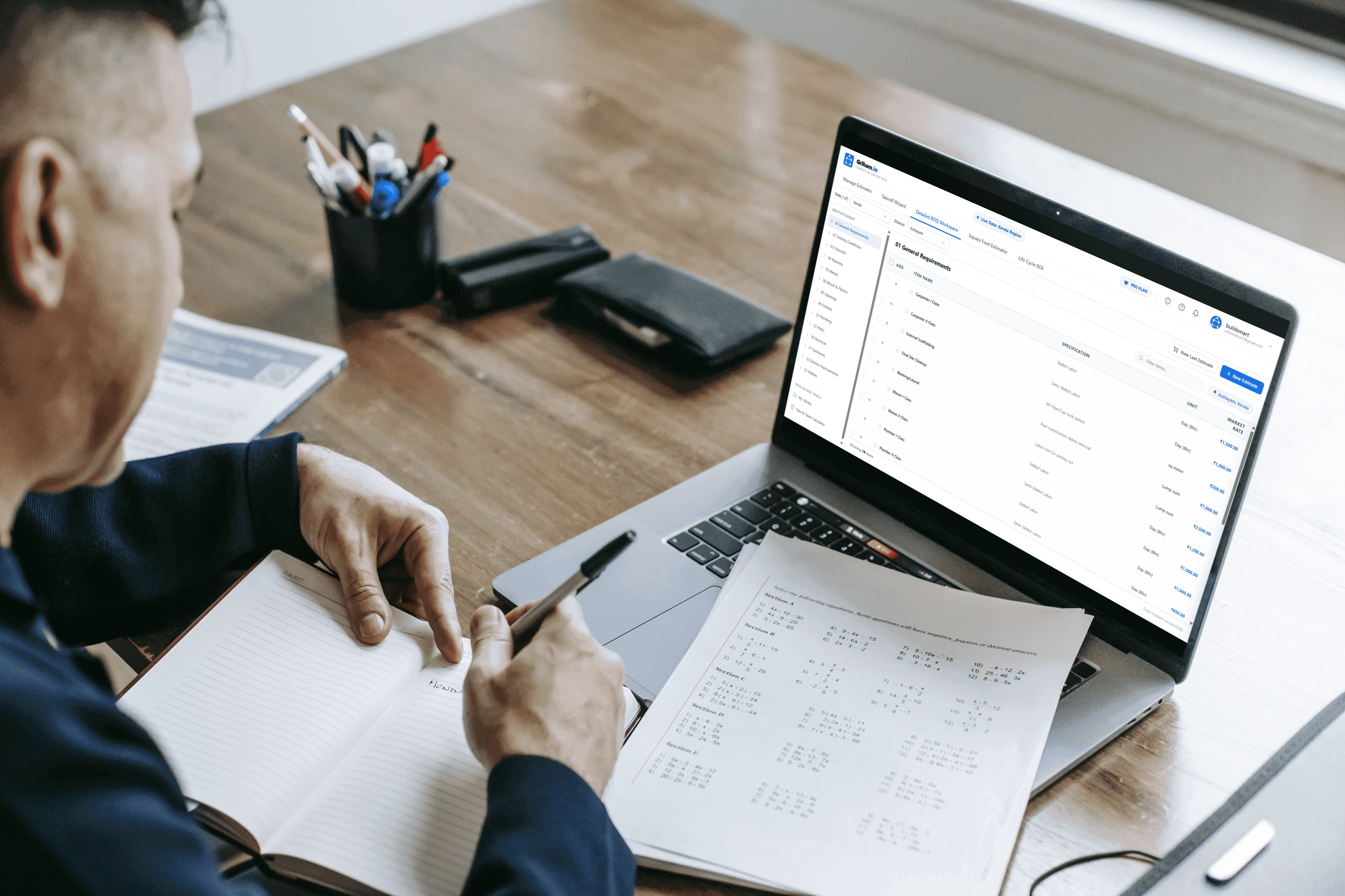 Griham construction takeoff wizard dashboard showing material quantities