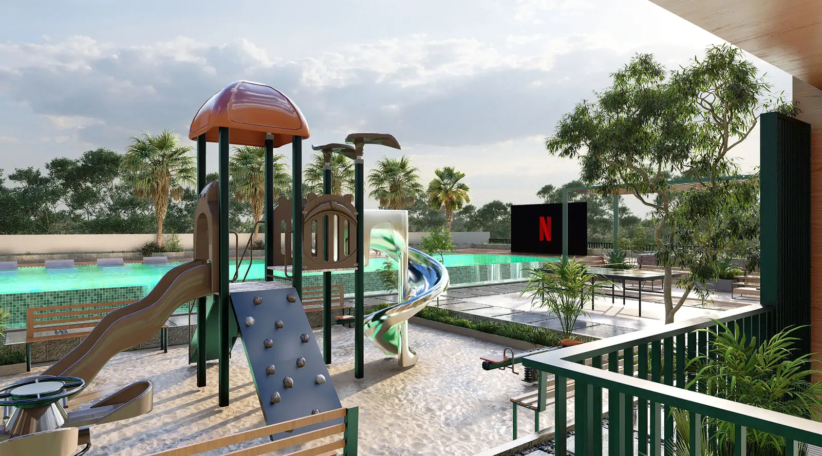 Family-friendly kids pool and children’s play area at Park Lane 2 Dubai. Explore Dubai residential properties and buy with crypto on Tylt Real Estate.
