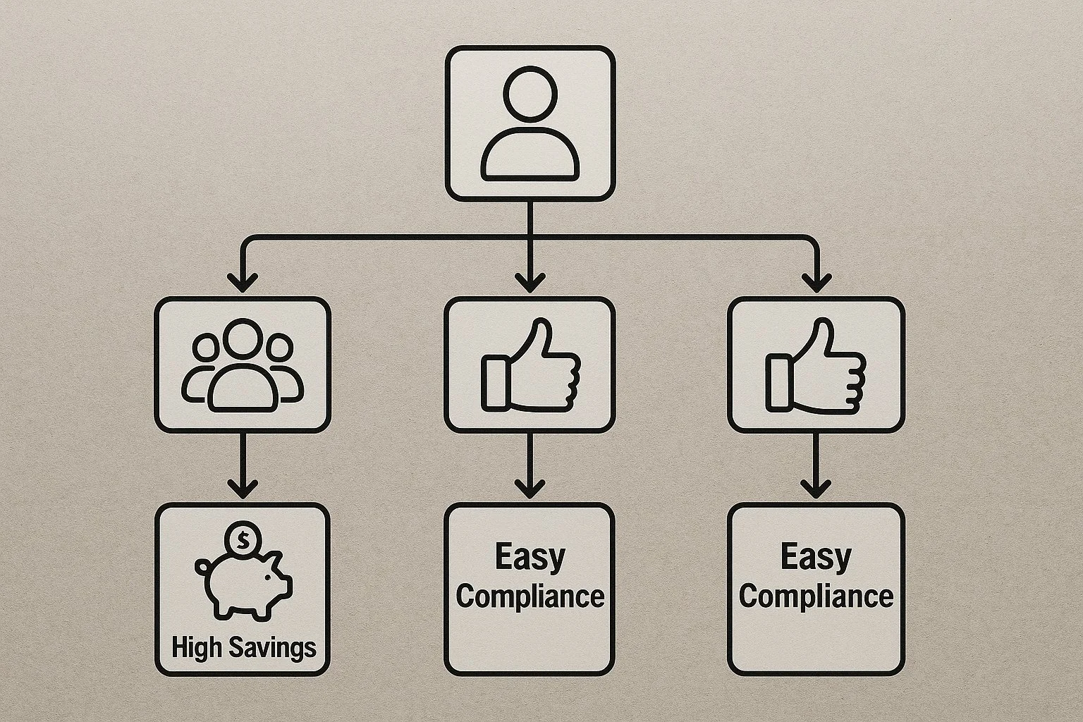 Branching diagram illustrating different business paths with icons for “No Employees,” “1–100 Employees,” “High Savings,” and “Easy Compliance”.