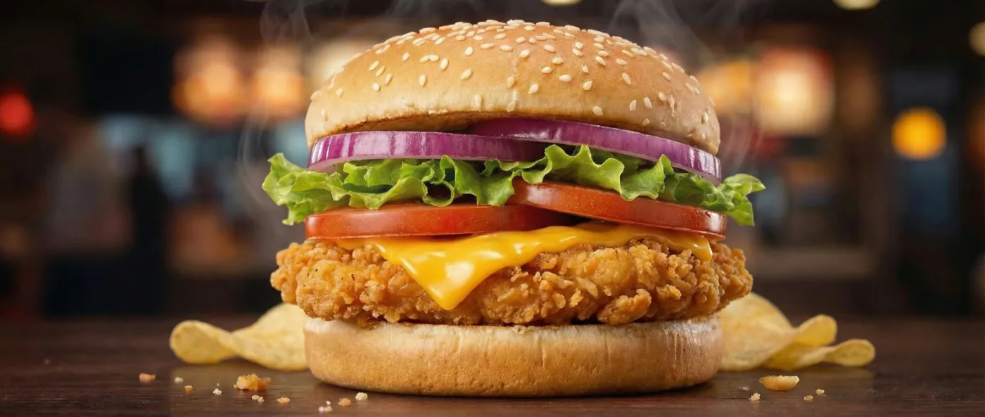 AI-generated campaign visual of a chicken-burger for Hamburger Restaurant