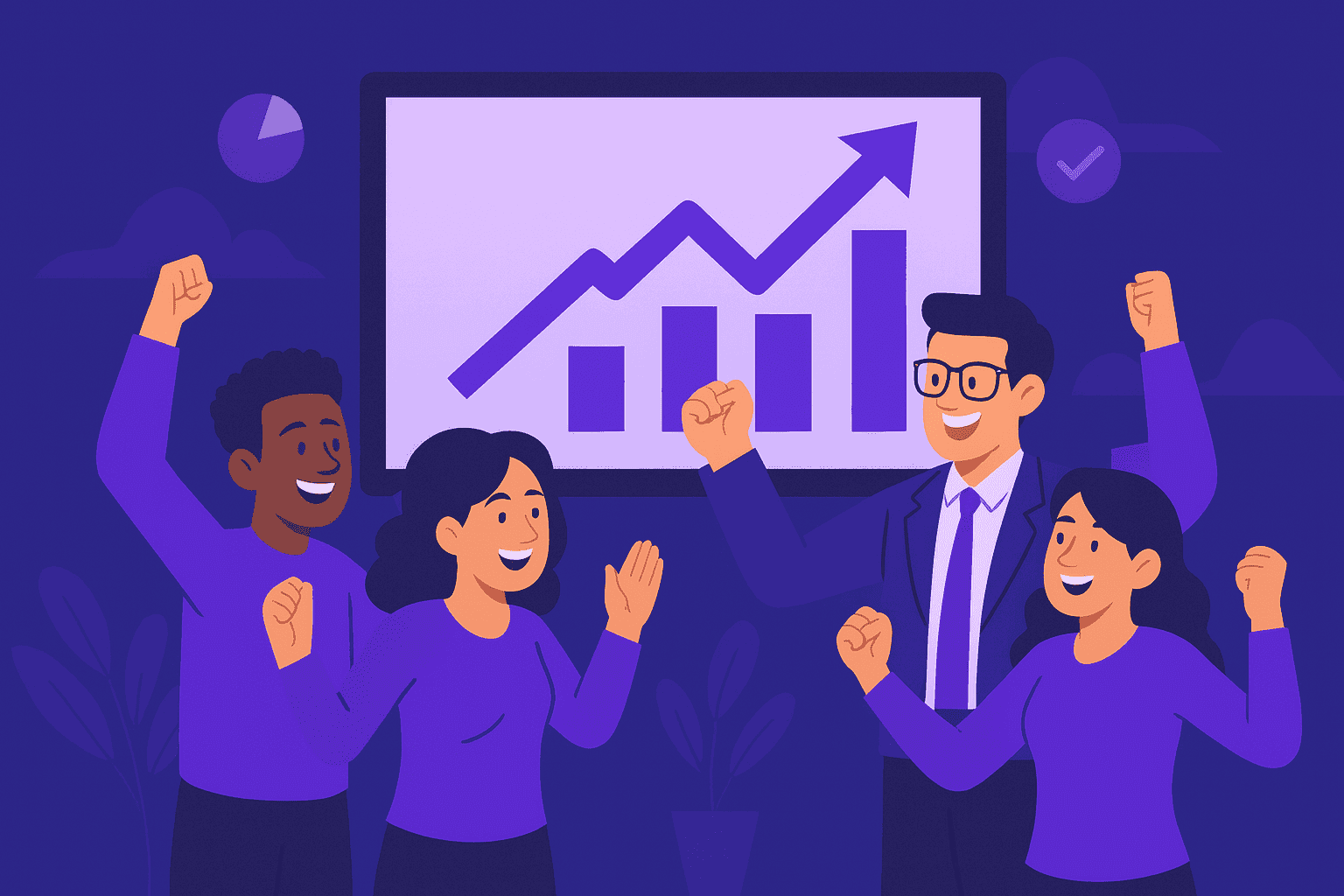 A flat-style digital illustration of a remote team celebrating together in front of a screen showing upward productivity metrics, representing teamwork, alignment, and shared success.