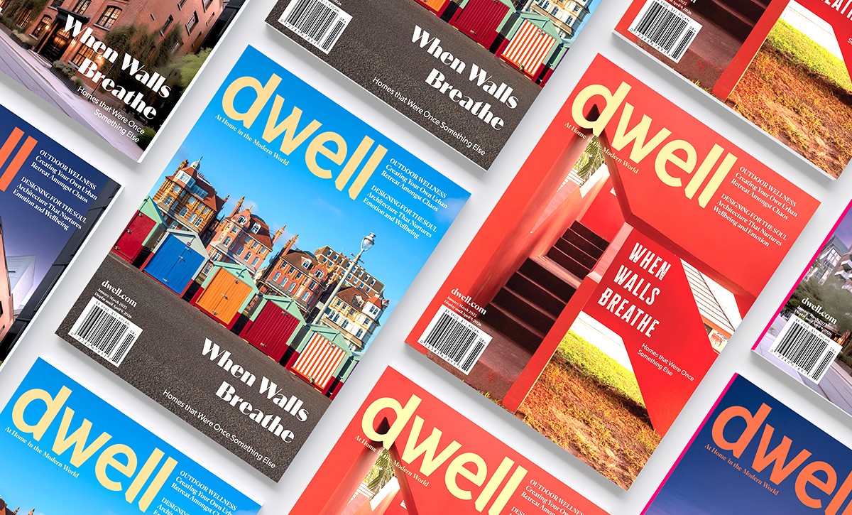 A grid made out of DWELL magazines