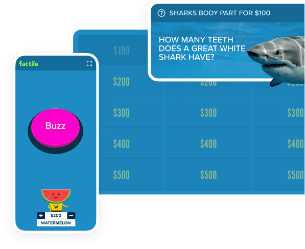 Plateau de jeu Factile Jeopardy avec une carte de questions sur les requins et un buzzer virtuel