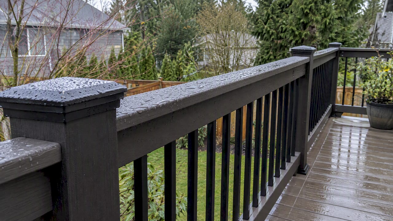 Rain beading on a composite deck railing