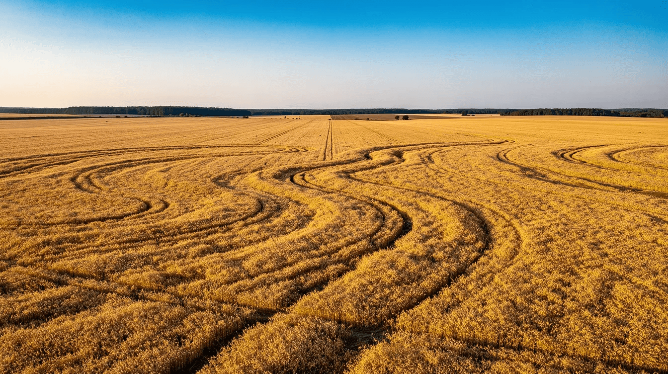 A wide aerial view captures golden wheat fields extending towards a distant tree line under a clear blue sky, illustrating the beauty and potential of farmland investing as an asset class for new wealth holders. This image emphasizes the importance of agricultural investment and the role of crop production in generating farm income.
