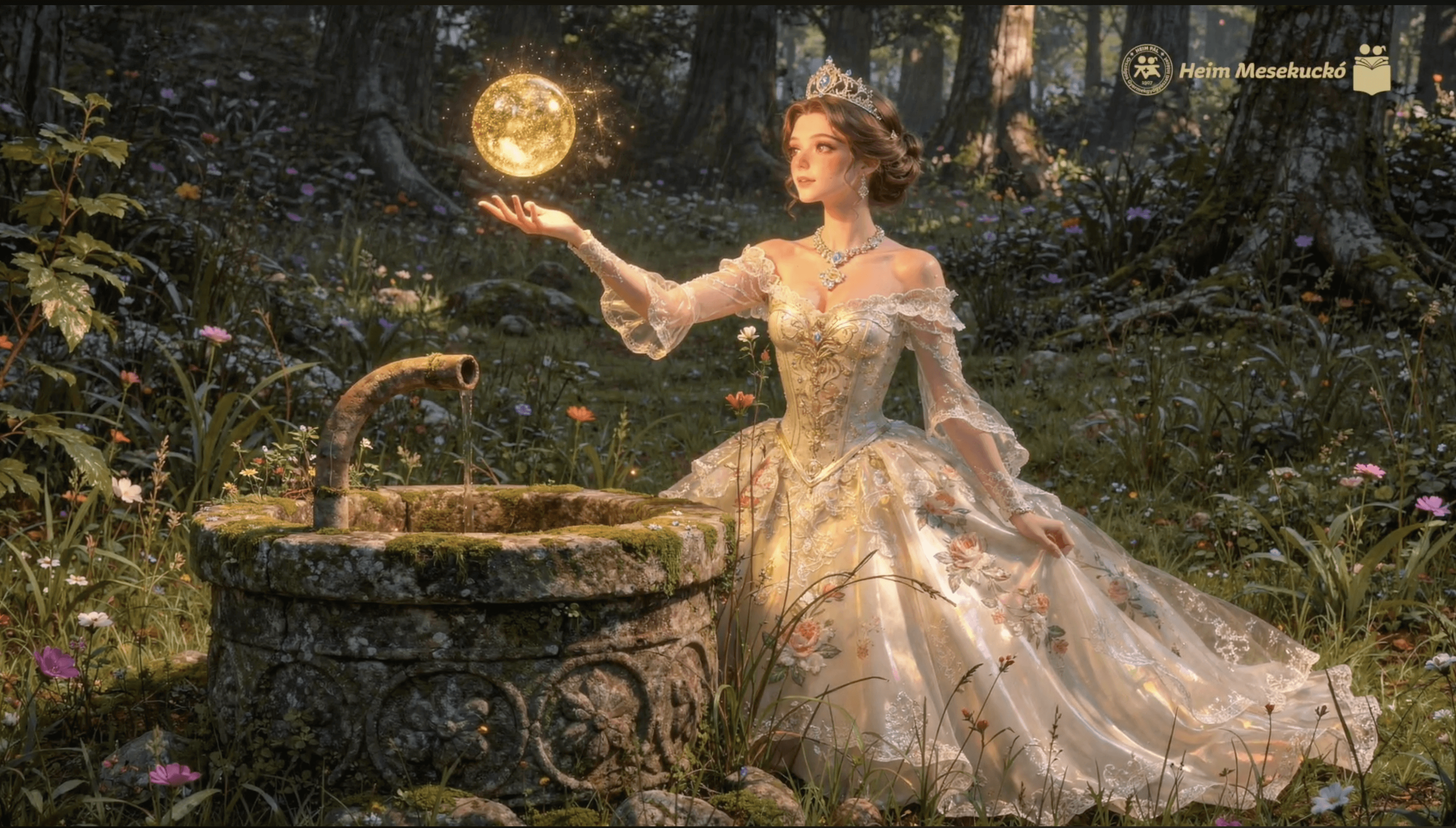 Kút szélén kezében arany gömböt tartó, koronás királylány.