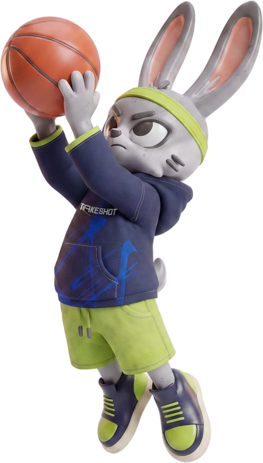 3D mascot taking a jump shot, side view