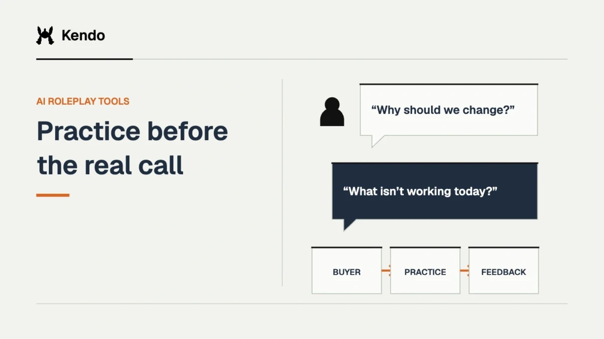 An AI buyer and sales rep exchange questions, with buyer realism, practice and feedback shown as evaluation criteria.