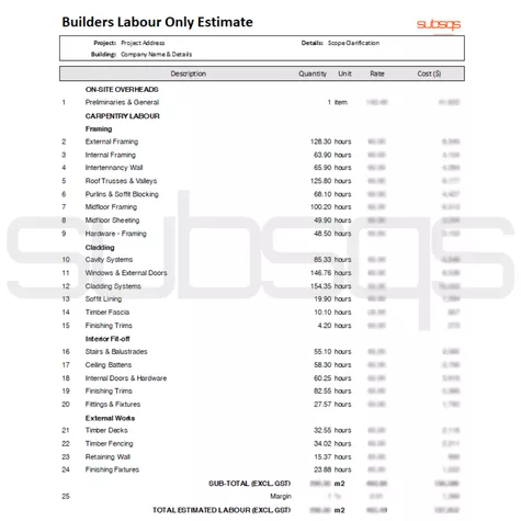 costx screenshot of measured labour only estimate for builders and developers by SubsQS NZ