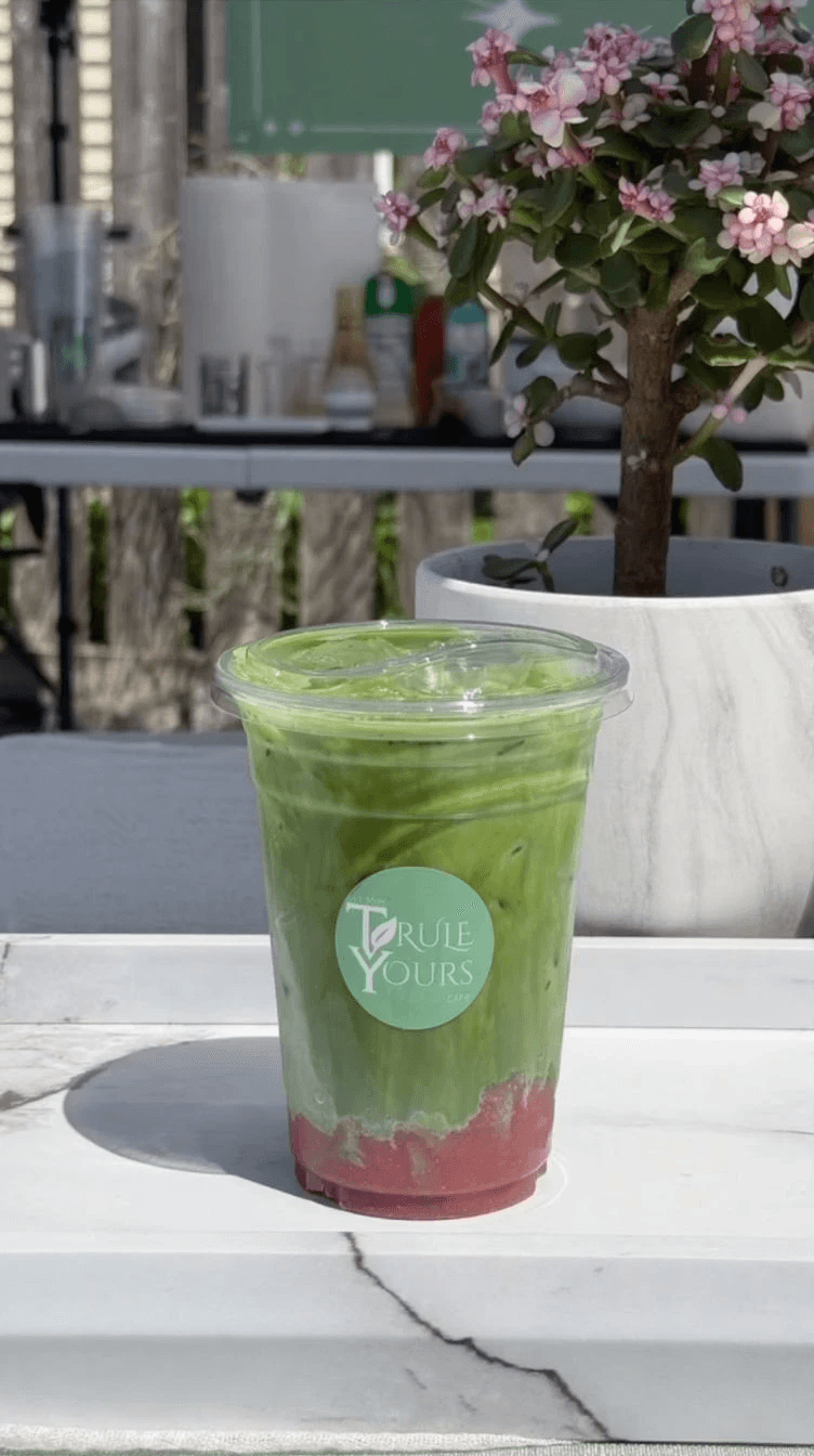 A strawberry matcha latte from Trule Yours Cafe in Seattle