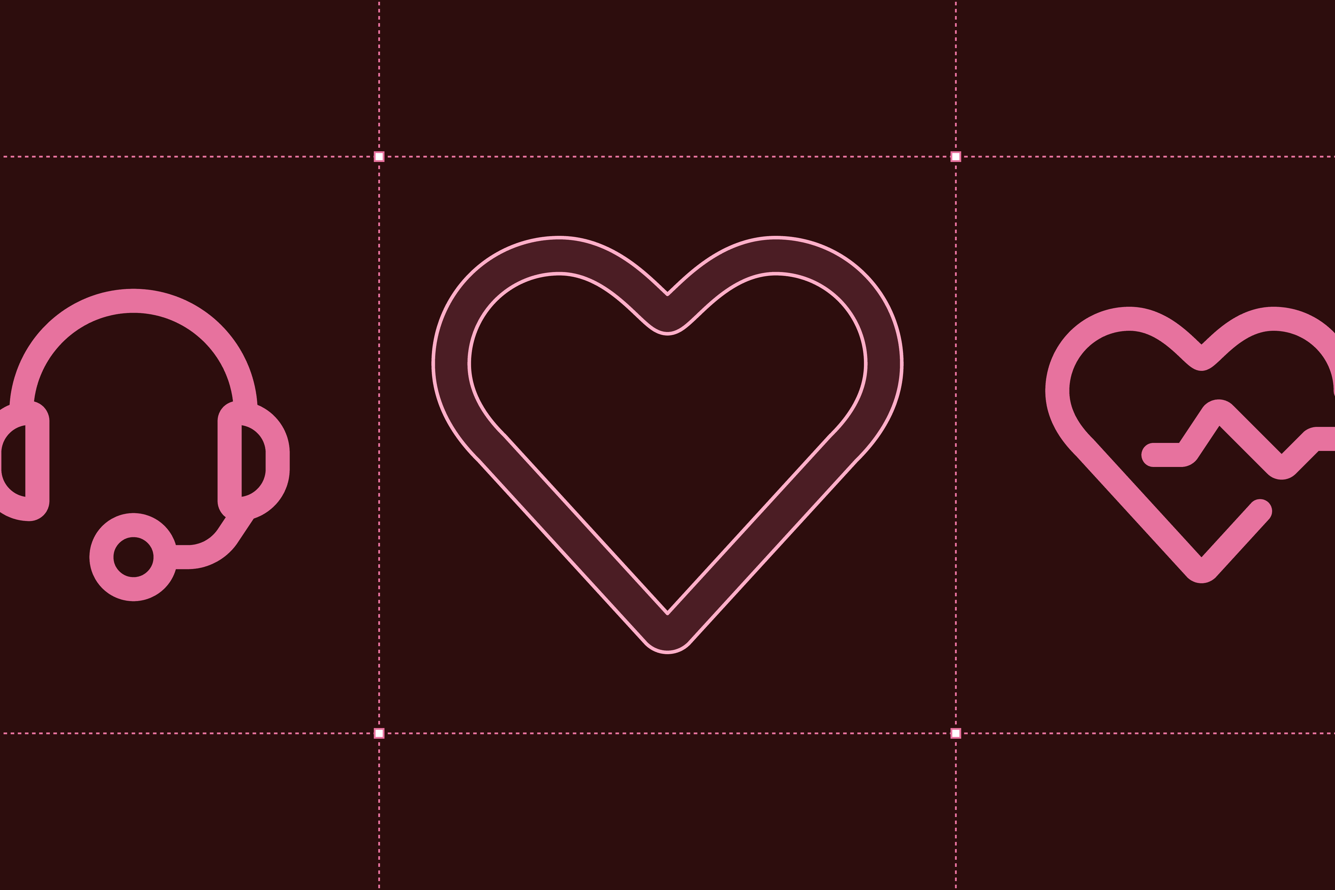 Three pink line-art icons on a deep burgundy background with design grid markers. Features a headset with microphone for customer support, a double-outlined heart for favorites, and a heart with pulse line representing health or vitality.