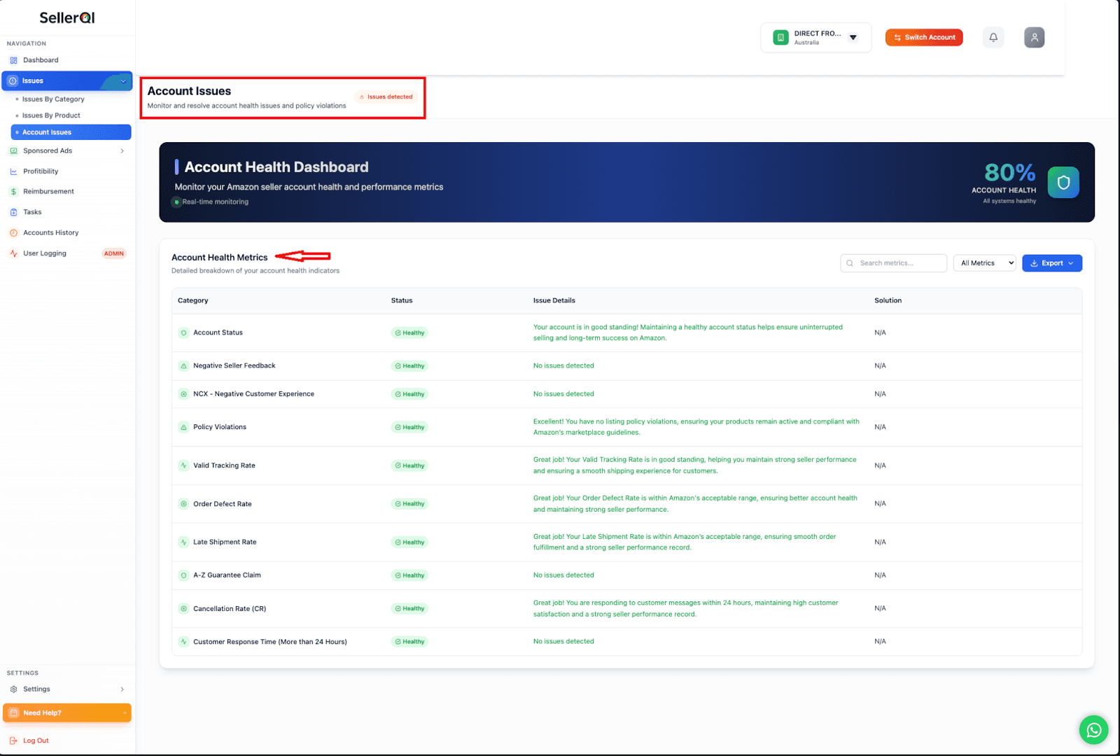 SellerQI Account Health Dashboard