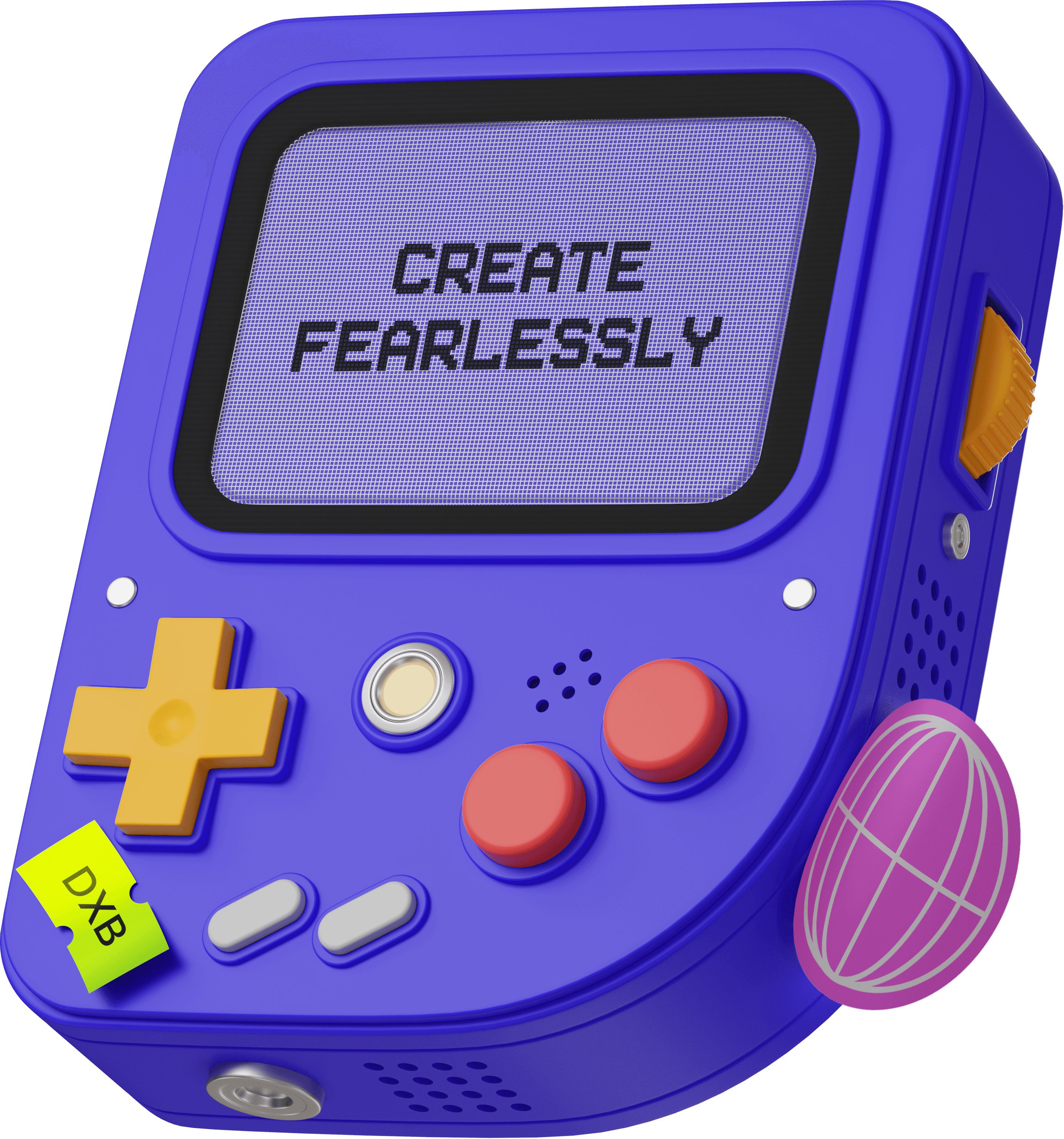 A blue retro handheld game console with the words "CREATE FEARLESSLY" on its screen.  A small yellow game cartridge is inserted.