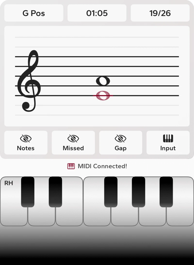 Perceive Piano in-practice sight-reading interface displaying on-screen piano keys and MIDI keyboard input with real-time feedback