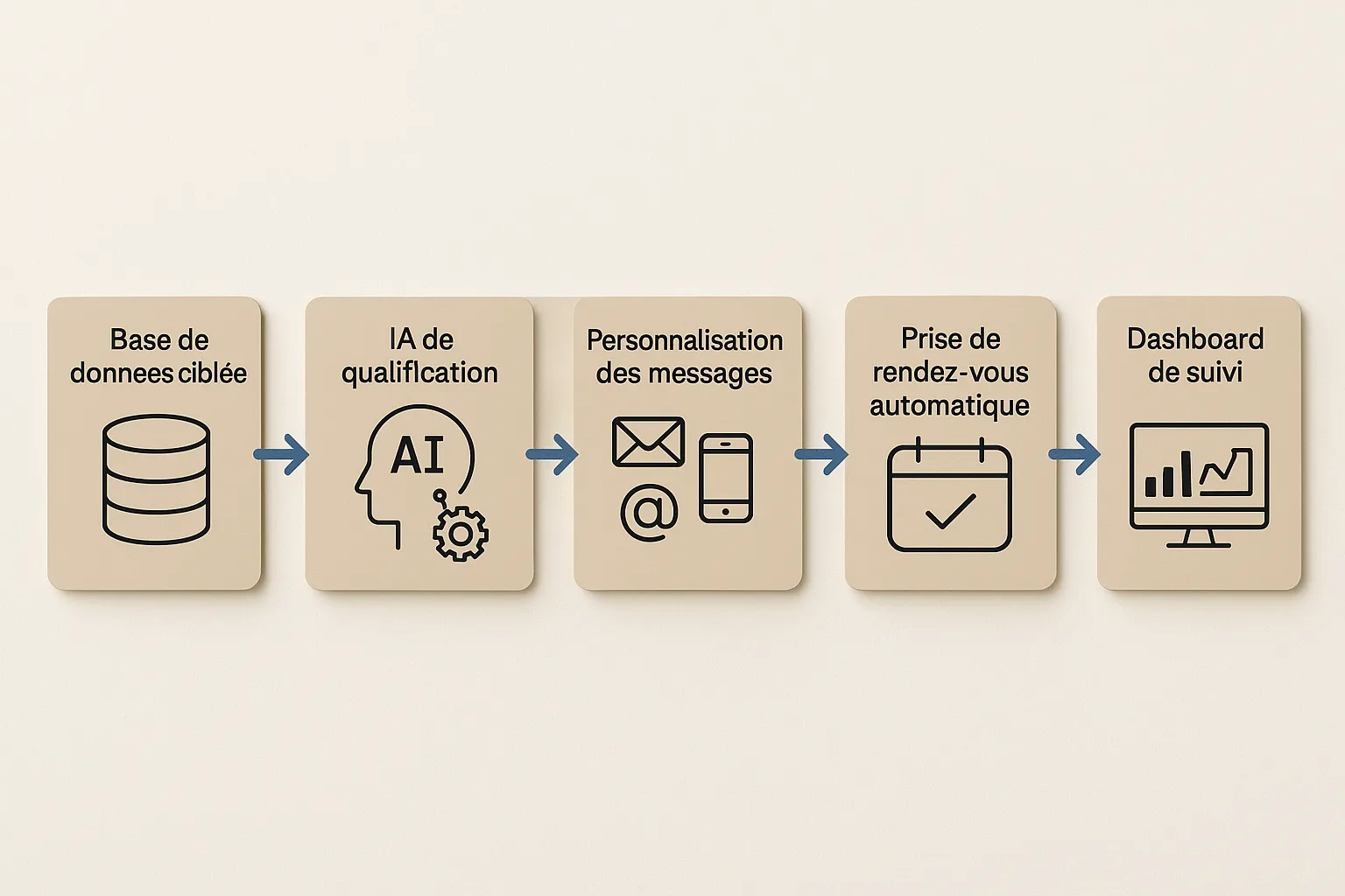 Schéma simple représentant le flux: Base de données ciblée → IA de qualification → Personnalisation des messages → Envoi multicanal → Prise de rendez-vous automatique → Dashboard de suivi.