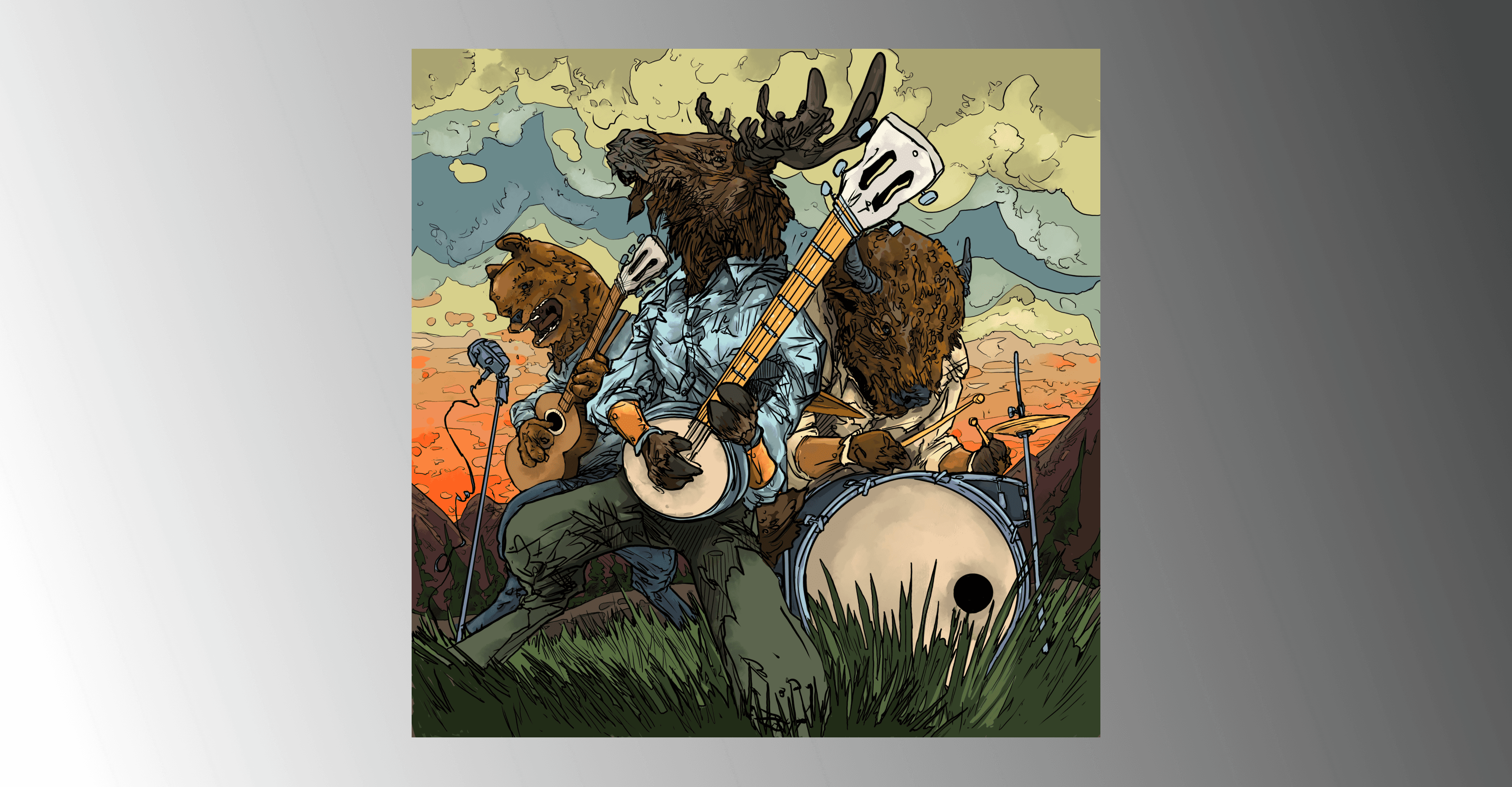 The painting "Grassroots," where a band of animals plays in a grassy field in front of some mountains at sunset. In the front, a moose in a blue shirt and green pants plays the banjo. To the right a bison plays the drums and to the left a bear plays guitar and sings into a microphone.