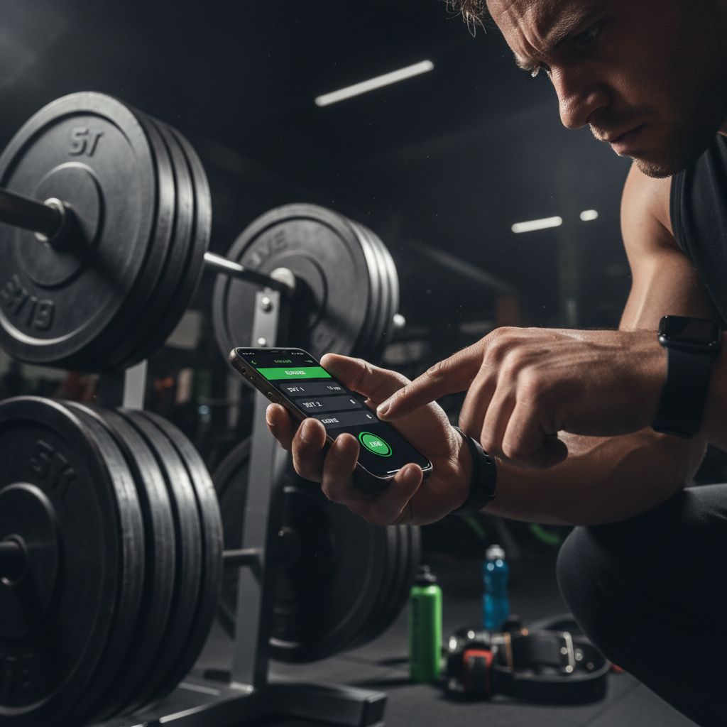 Lifter tracking workout progress on fitness app between sets