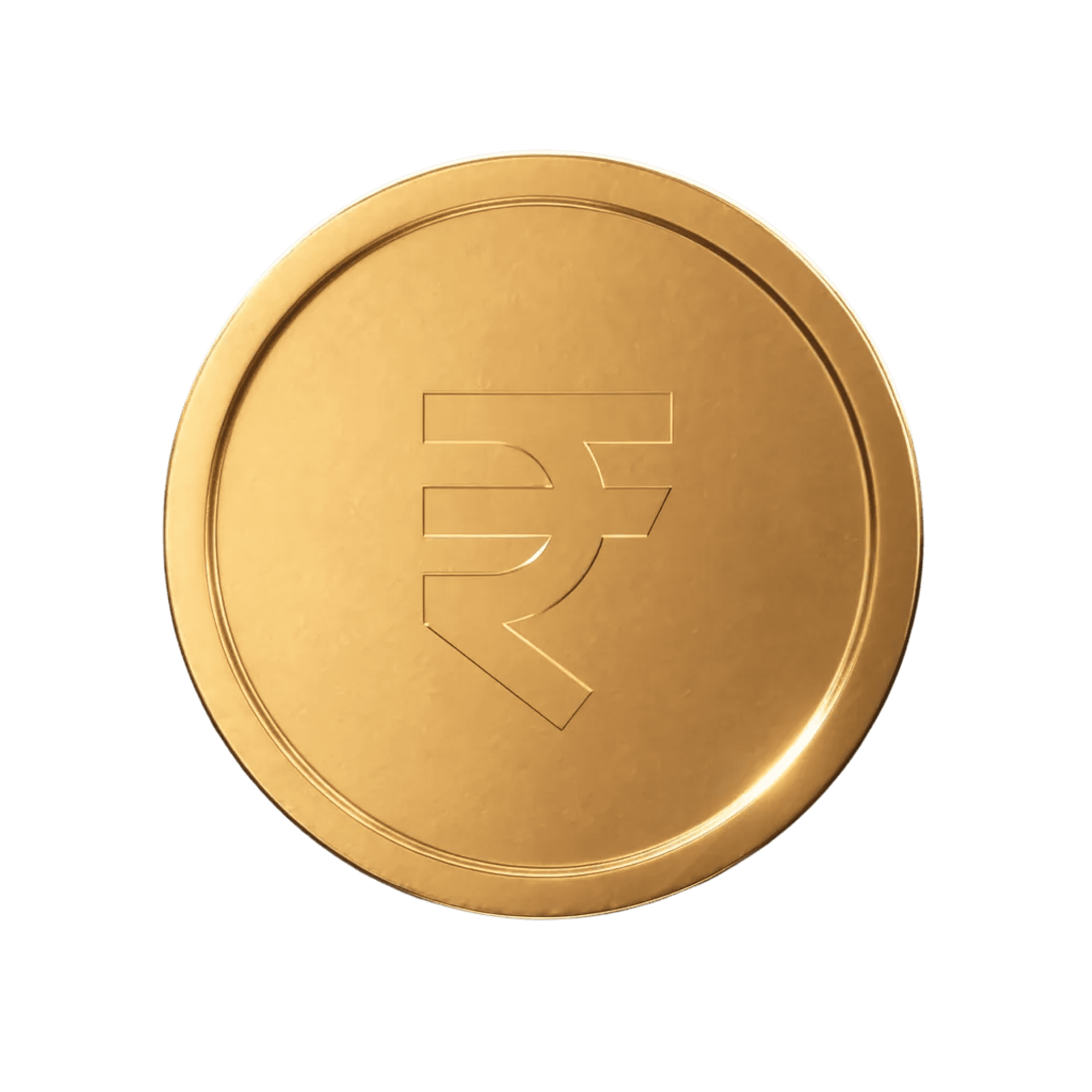 A polished gold coin with an embossed rupee symbol, visually representing wealth and investment value.