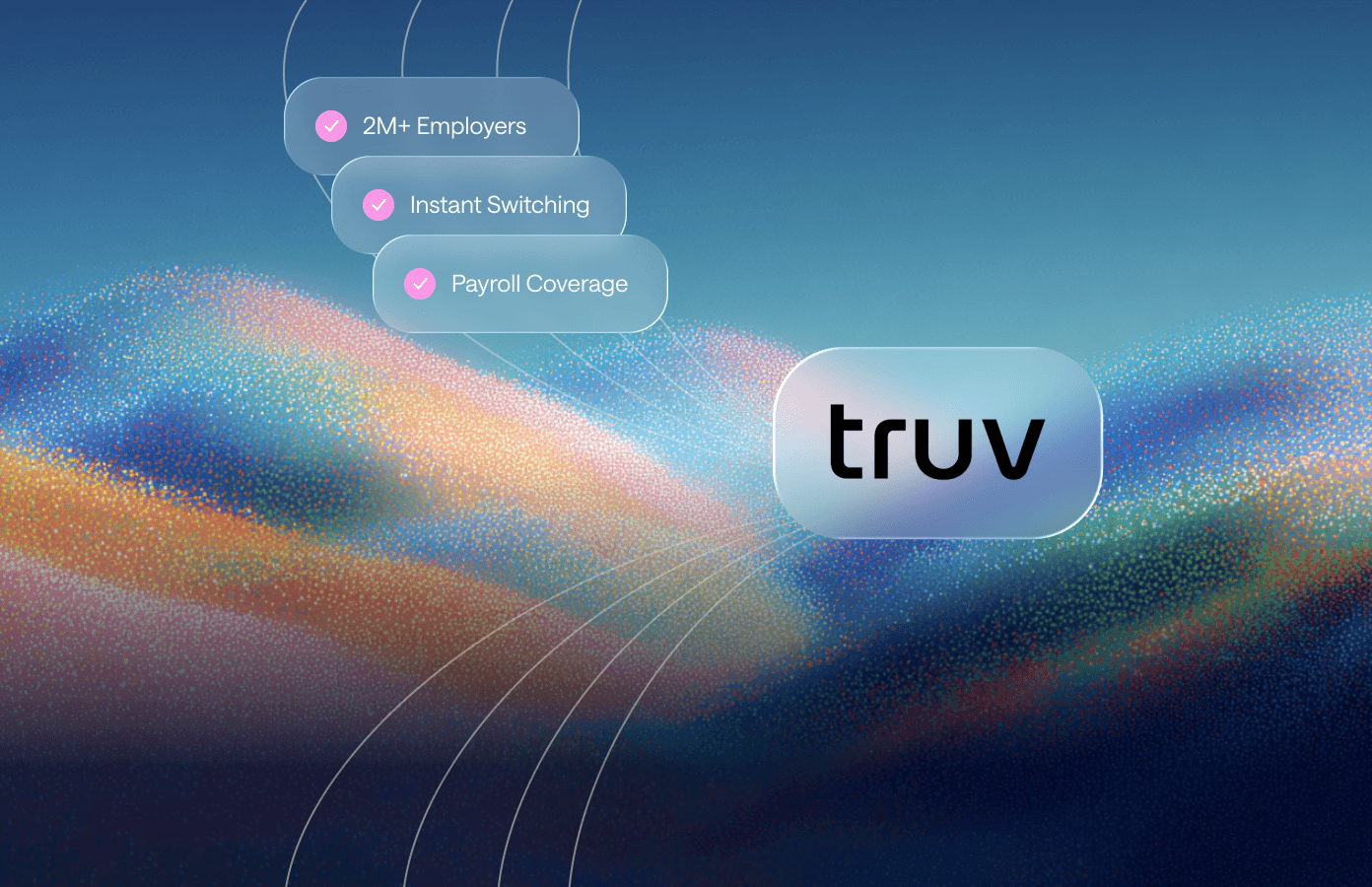 Abstract hero image showing a dynamic wave of orange and blue particles on a gradient background.